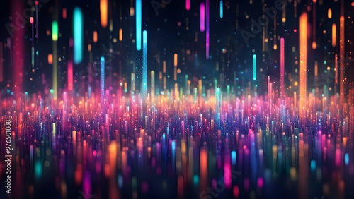 Abstract background of colorful glowing lines falling like rain on a dark background.