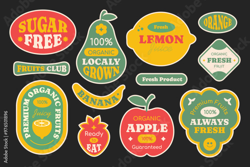 Set of seasonal fruits collection. Different phrases and words. Colorful stickers, patch, badge, pin of various fruits.