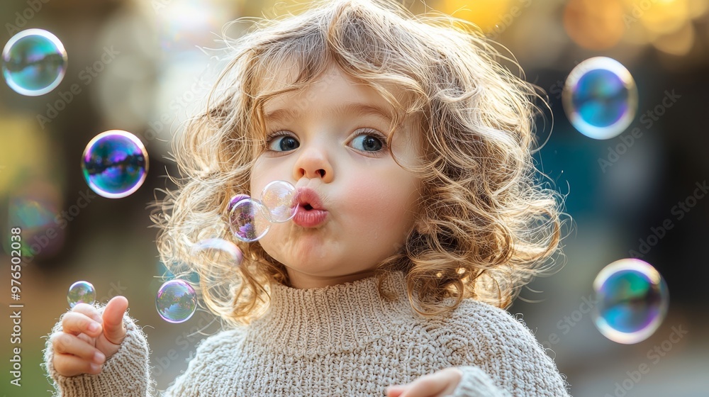 Little Girl Blowing Bubbles in the Park Little Girl Blowing Bubbles in the Park