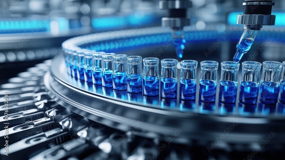 A close-up of a laboratory production line with vials arranged in a perfect circle. The automated machinery fills each glass vial with a deep blue liquid droplet, set against a backdrop of a A close-up of a laboratory production line with vials arranged in a perfect circle. The automated machinery fills each glass vial with a deep blue liquid droplet, set against a backdrop of a