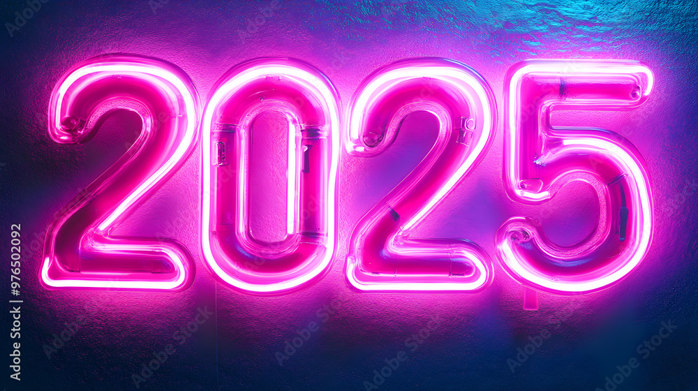 The text 2025 styled to look like bright neon lights The text 2025 styled to look like bright neon lights