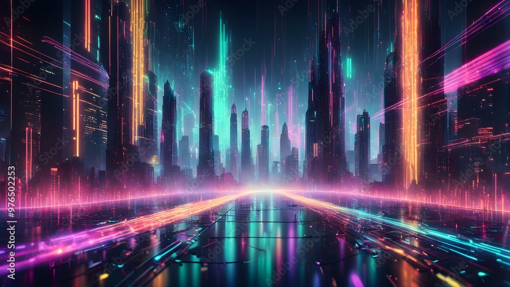 A futuristic city skyline with neon lights and glowing lines. A futuristic city skyline with neon lights and glowing lines.