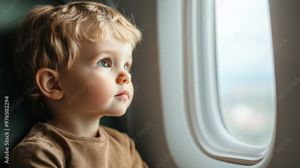 A curious child gazes out the airplane window, captivated by the view and adventure beyond A curious child gazes out the airplane window, captivated by the view and adventure beyond