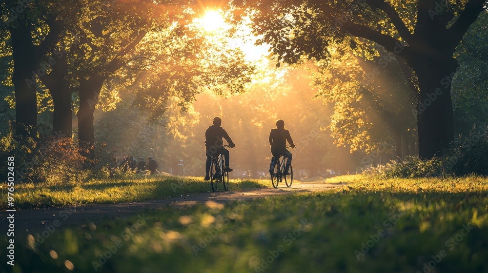 Silhouettes of Cyclists on a Sunny Path in a Forest Silhouettes of Cyclists on a Sunny Path in a Forest
