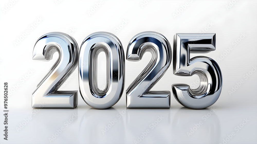 The year 2025 in bold, metallic 3D letters with a slight shadow for ...