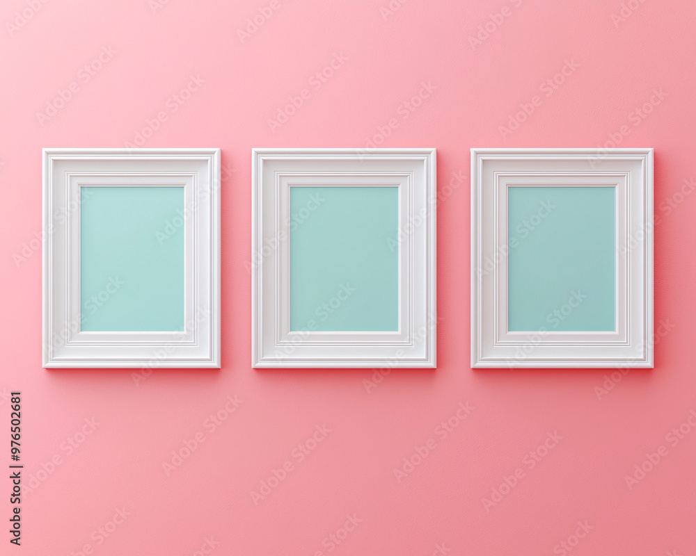 Minimalistic wall design featuring three empty frames on a pastel pink background Minimalistic wall design featuring three empty frames on a pastel pink background
