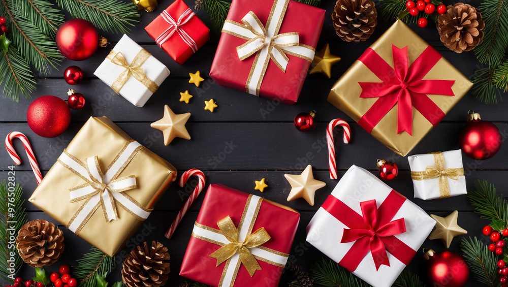 Obraz premium Christmas gifts, ornaments, and candy canes arranged on a dark wood background,