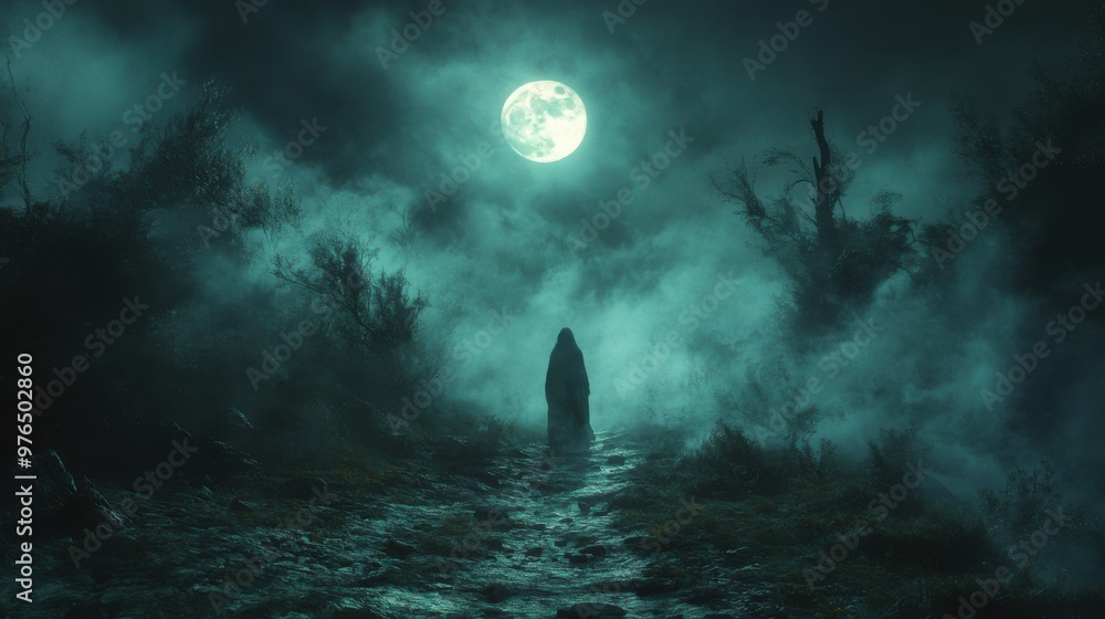Enigmatic Ghostly Figure in Dark Twisted Forest at Night with Eerie Moonlit Atmosphere Enigmatic Ghostly Figure in Dark Twisted Forest at Night with Eerie Moonlit Atmosphere