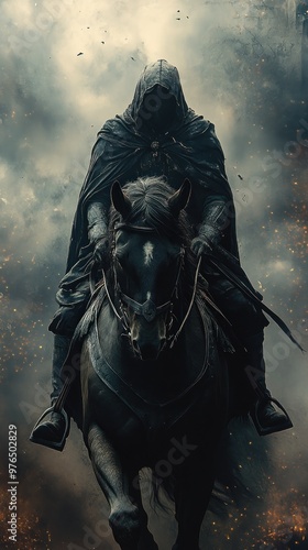 A cloaked figure on horseback rides through a dramatic, smoky landscape.