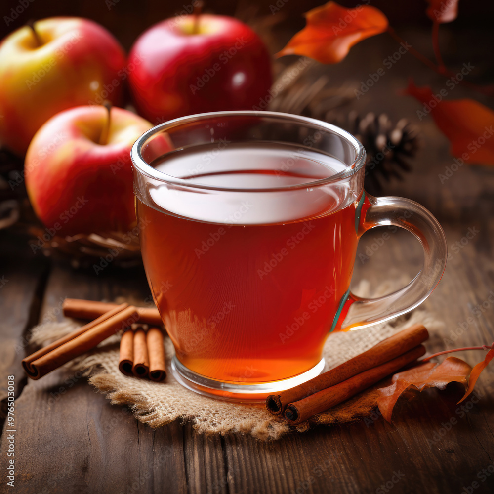 Delicious Hot Apple Spiced Cider with Fall Leaves in the Background. Delicious Hot Apple Spiced Cider with Fall Leaves in the Background.