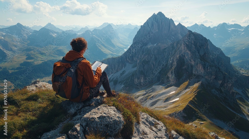 custom made wallpaper toronto digitalWoman with Backpack Writing in Notebook on Mountain Peak with View