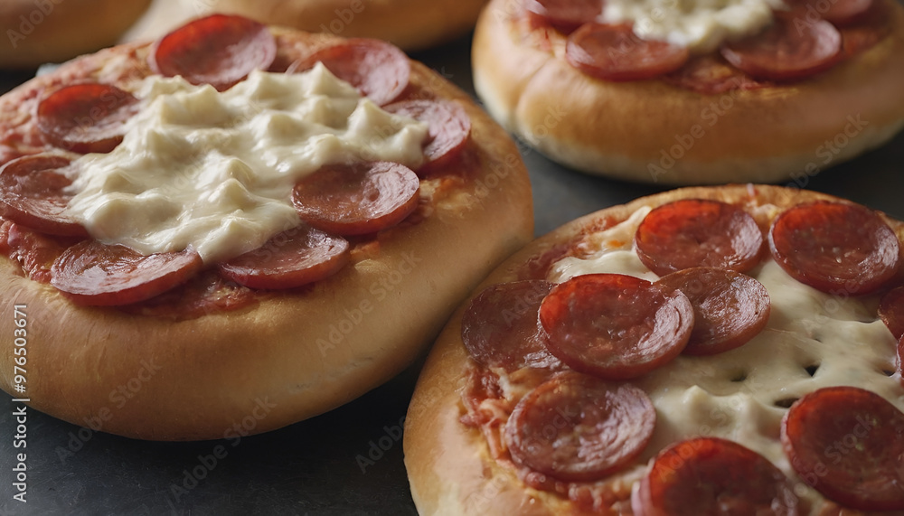 closeup of pepperoni pizza bagels closeup of pepperoni pizza bagels