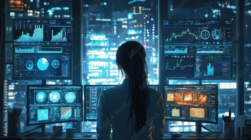 A high-tech office scene with a businesswoman closely observing several monitors displaying intricate data charts and graphs. The contemporary environment underscores the importance of business A high-tech office scene with a businesswoman closely observing several monitors displaying intricate data charts and graphs. The contemporary environment underscores the importance of business