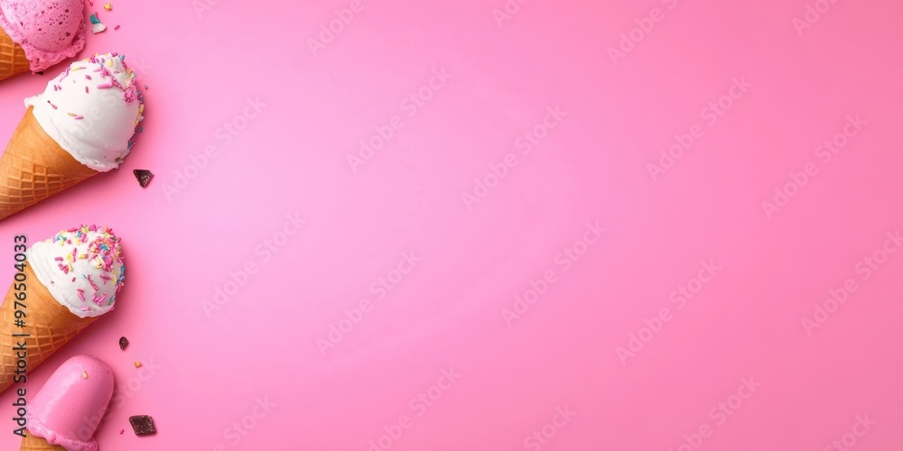 Delicious ice cream cones topped with colorful sprinkles and icing are arranged creatively on a bright pink background, representing indulgence and sweetness in a fun display. Delicious ice cream cones topped with colorful sprinkles and icing are arranged creatively on a bright pink background, representing indulgence and sweetness in a fun display.