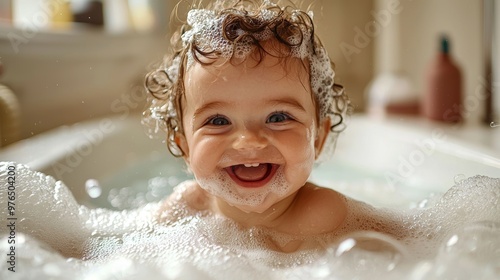 Happy Baby in Bubble Bath    Smiling Infant in Tub