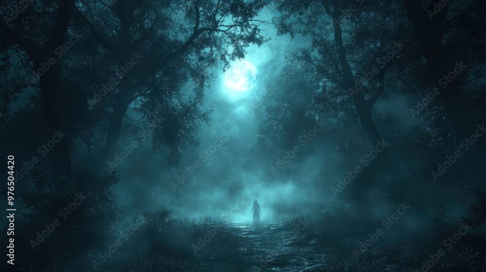 Eerie Midnight Encounter in Foggy Forest with Ghostly Figure - Moonlit Haunting in Mysterious Woods Eerie Midnight Encounter in Foggy Forest with Ghostly Figure - Moonlit Haunting in Mysterious Woods