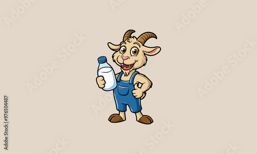 Happy goat character holding a bottle of milk.