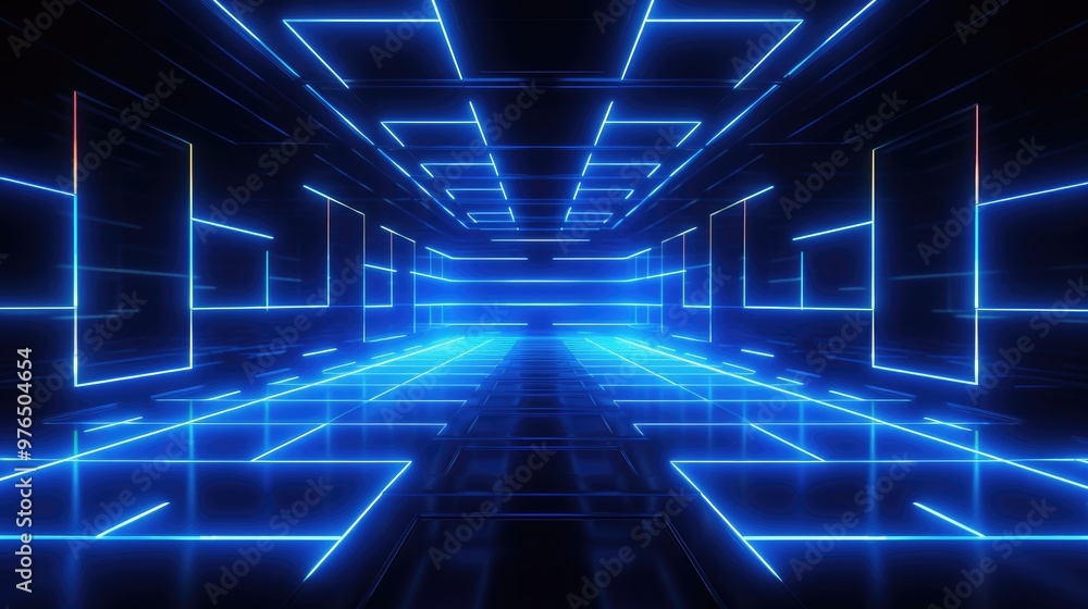 Abstract blue neon light lines create a futuristic tunnel. Abstract blue neon light lines create a futuristic tunnel.