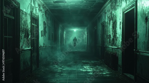 A spine-tingling school corridor, dimly lit and shrouded in shadows, where a ghostly apparition can be seen hovering near the end of the hallway. The old, disheveled surroundings add to the eerie and