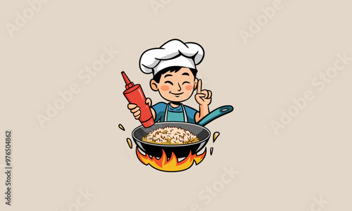 Happy chef cooking fried rice with egg and vegetables.