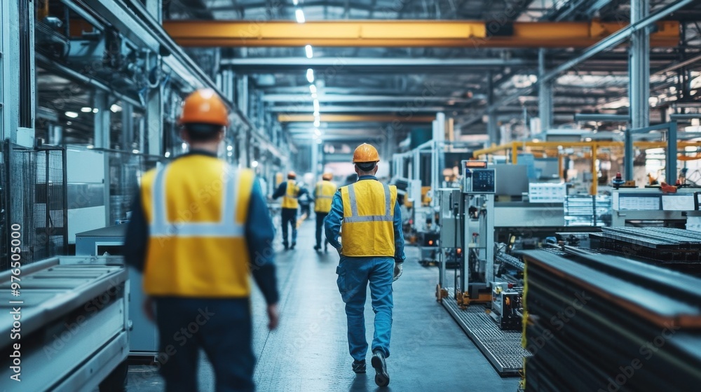 Fototapeta premium Manufacturing floor with safety signage visible and employees wearing appropriate safety gear maintaining a secure workspace