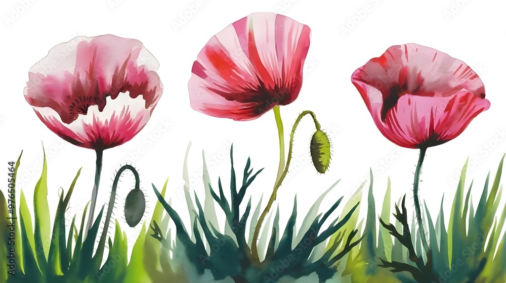 Obraz premium painting of a poppies in watercolor. Flowers isolated against a white background. Paintings of a set of pink and crimson poppies. Hand-painted watercolor flowery background with flowers View Less 
