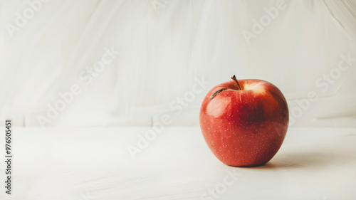 A clean background with a lot of negative space. There's a single red apple on a white surface. The apple has a few slight imperfections, including a small bruise and a slight bend. 
