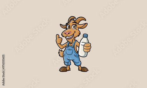 Happy goat character holding a bottle of milk.