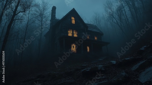 Ghostly Abode: Haunted House on Hill with Translucent Spirit, Spooky Woods, and Eerie Silence