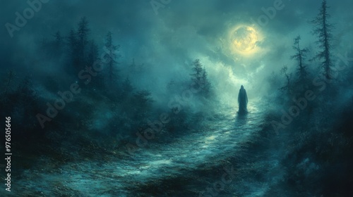 Mysterious Spectral Figure on Dark Foggy Road in Enchanted Forest under Moonlight