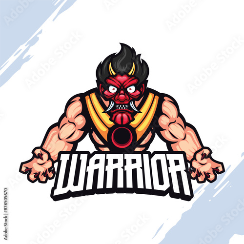 Strong Muscular Devil Oni with Golden Helmet and Golden Vest Vector Mascot