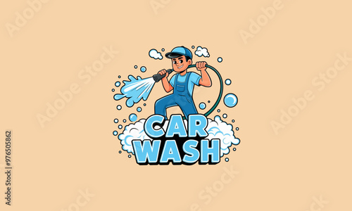 Car wash vector with worker spraying water and bubbles