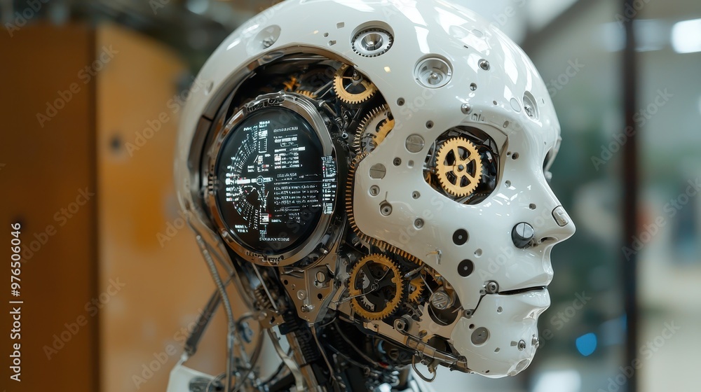 A robot with a face made of gears and a screen on its head A robot with a face made of gears and a screen on its head
