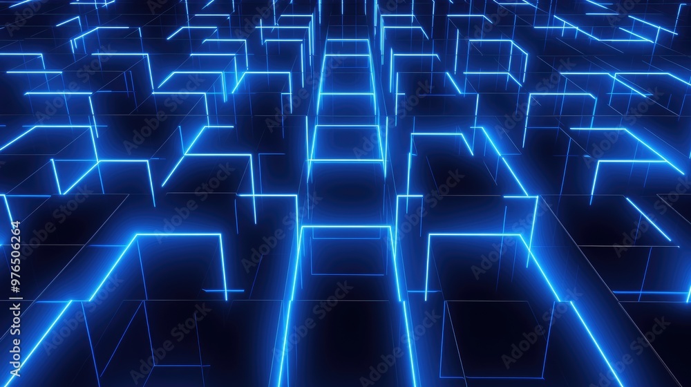 Abstract blue neon glowing lines forming a grid pattern on a black background. Abstract blue neon glowing lines forming a grid pattern on a black background.