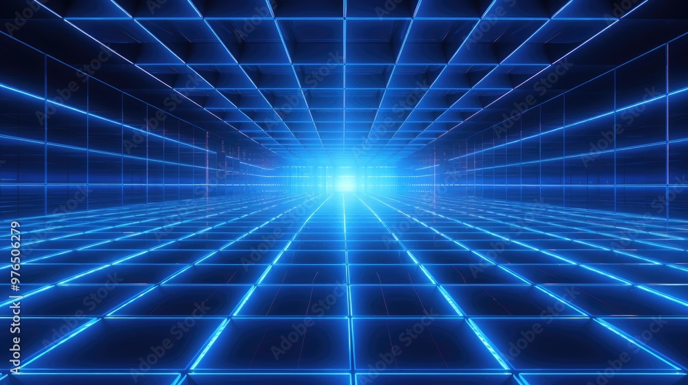Abstract blue glowing grid pattern creates a perspective illusion of a tunnel. Abstract blue glowing grid pattern creates a perspective illusion of a tunnel.
