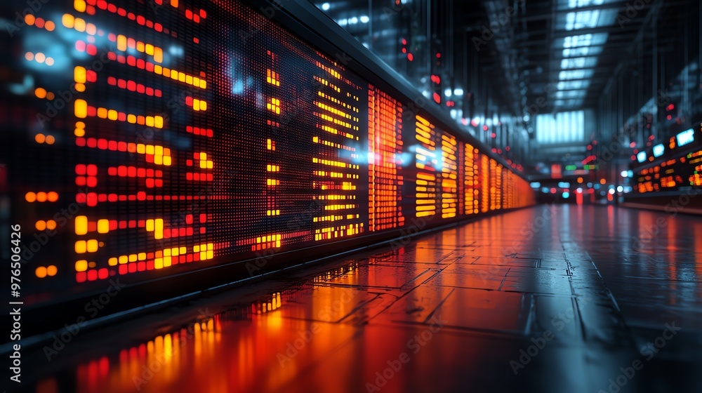 Futuristic digital displays with glowing red and yellow lights illuminating a dark, futuristic cityscape. Futuristic digital displays with glowing red and yellow lights illuminating a dark, futuristic cityscape.