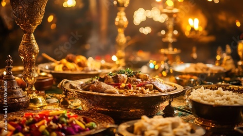 A close-up of a traditional religious feast, with dishes and utensils displayed in an elaborate setting for a communal meal