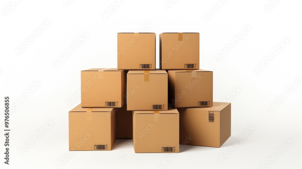 A stack of nine cardboard boxes isolated on a white background. A stack of nine cardboard boxes isolated on a white background.