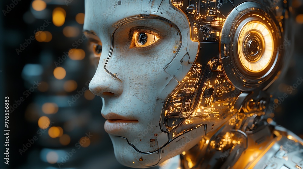 Fototapeta premium Closeup of a humanoid robot's face with glowing circuits and gears.