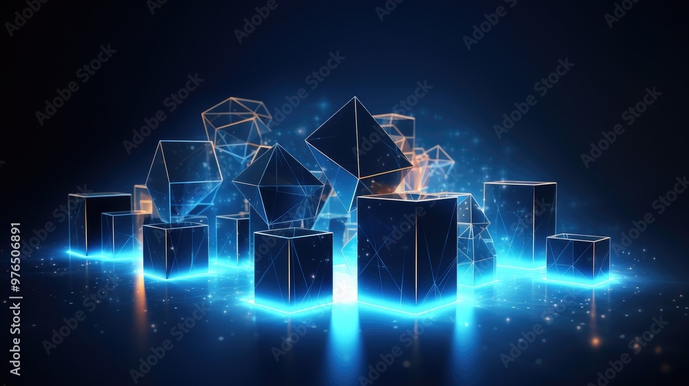 Fototapeta premium Abstract 3D geometric shapes with glowing lines and reflections on a dark background.