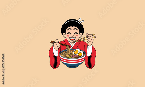 Happy man enjoying a bowl of ramen noodles vector art