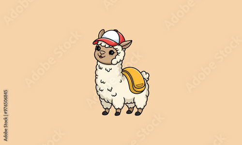 Adorable llama with a backpack and cap vector illustration