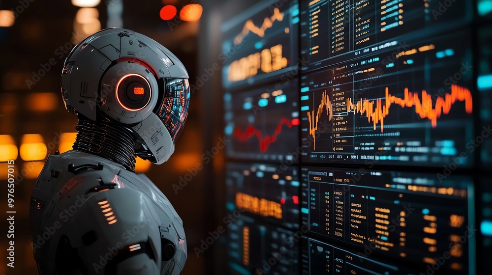 Robotic trader in a high-tech trading room, interacting with a floating holographic stock chart, financial AI, robot managing digital stock trades Robotic trader in a high-tech trading room, interacting with a floating holographic stock chart, financial AI, robot managing digital stock trades