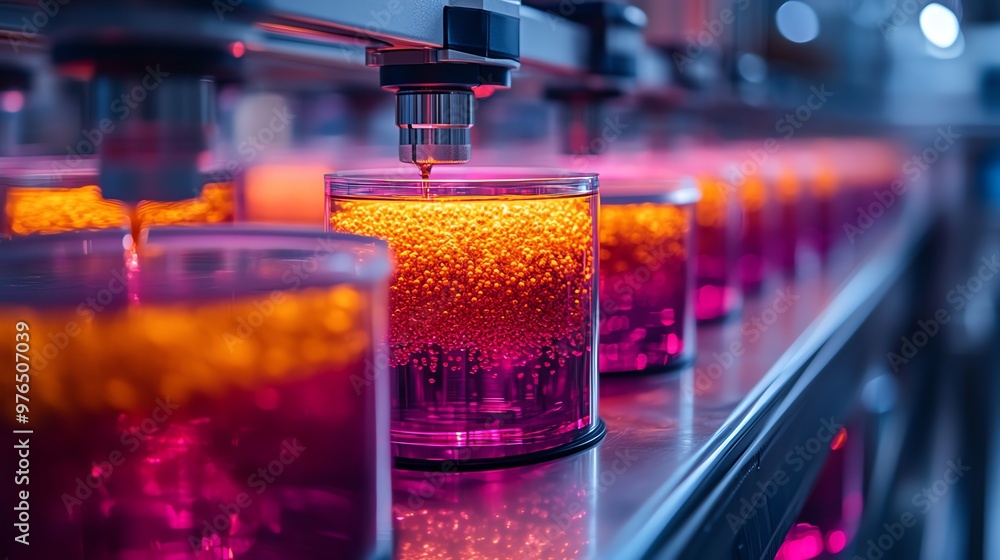 Close-up of a gloved hand using a pipette to add liquid to a row of glass beakers filled with golden liquid. Close-up of a gloved hand using a pipette to add liquid to a row of glass beakers filled with golden liquid.