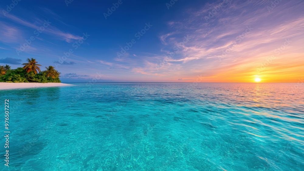 A stunning tropical sunset over the tranquil ocean, with vibrant colors reflecting on the clear water and lush palm trees in the background. A stunning tropical sunset over the tranquil ocean, with vibrant colors reflecting on the clear water and lush palm trees in the background.
