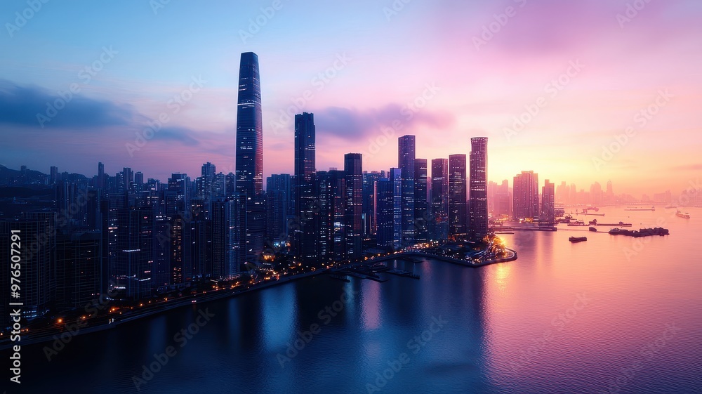 Fototapeta premium Breathtaking cityscape at sunset, featuring modern skyscrapers reflected in water, creating a stunning urban panorama.