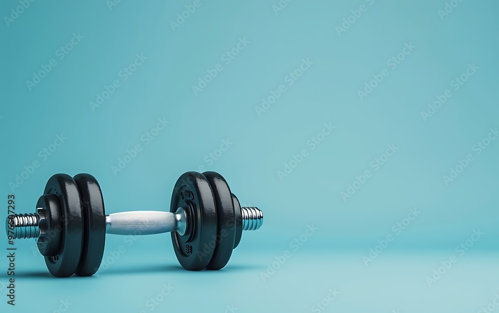 Dumbbells isolated on blue background. 3D rendering. Dumbbells isolated on blue background. 3D rendering.