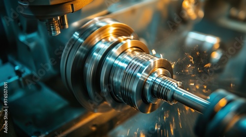 A close-up of a lathe machine turning a metal rod, with precision tools in action