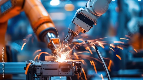 A detailed view of a robotic welding arm assembling parts in a car manufacturing plant photo