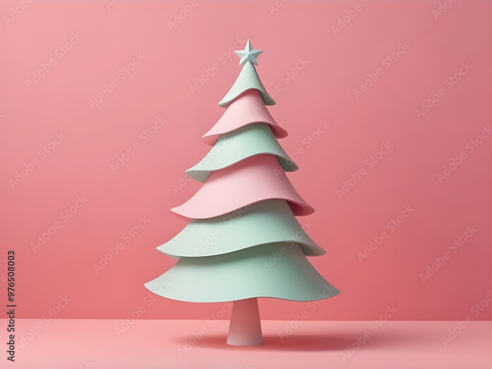 abstract Pastel Christmas tree Santa hat on pink background. Christmas greeting card minimal style abstract Pastel Christmas tree Santa hat on pink background. Christmas greeting card minimal style